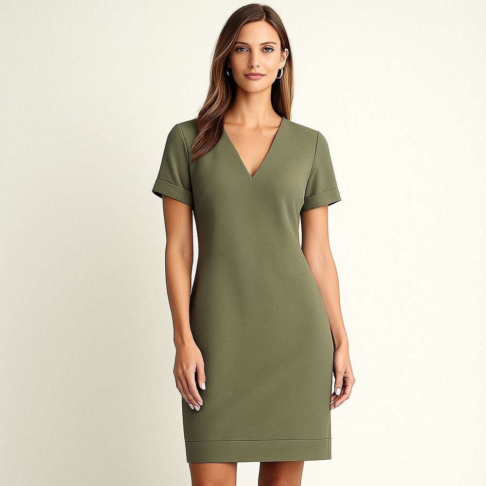 Theory Admiral Crepe Light V-Neck Banded Shift Dress Sage Green Women’s Size 4